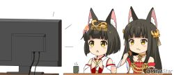 Rule 34 | 2girls, :o, :t, animal ear fluff, animal ears, azur lane, bare shoulders, black hair, blush stickers, brown eyes, closed mouth, collarbone, commentary request, cup, detached sleeves, dress, eating, flat screen tv, food, food on face, fox ears, hair ornament, headpiece, holding, holding food, japanese clothes, kimono, long hair, long sleeves, looking away, mitya, multiple girls, mutsu (azur lane), nagato (azur lane), parted lips, red dress, senbei, short hair, simple background, sleeveless, sleeveless kimono, strapless, strapless dress, television, twitter username, upper body, watching television, wavy mouth, white background, white kimono, white sleeves, wide sleeves, yunomi