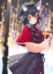 Rule 34 | 1girl, absurdres, animal ears, beret, black hair, black hat, black skirt, blush, capelet, christmas present, gift, hair ornament, hat, highres, holding, holding gift, hololive, kazuna (minekazuna), long hair, looking at viewer, ookami mio, pink shirt, red capelet, red hair, shirt, skirt, smile, snowflake hair ornament, snowing, solo, star (symbol), star hair ornament, thighhighs, virtual youtuber, wolf ears, wolf girl, yellow eyes