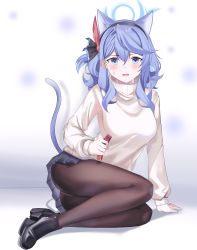 Rule 34 | 1girl, absurdres, ako (blue archive), animal ears, arm support, black footwear, black pantyhose, black skirt, blue archive, blue eyes, blue hair, blush, cake walker, cat ears, cat tail, collar, extra ears, full body, hair between eyes, hair ribbon, halo, highres, holding, holding collar, leaning to the side, legs folded, long hair, long sleeves, looking at viewer, miniskirt, open mouth, pantyhose, pleated skirt, ribbon, simple background, sitting, skirt, solo, sweatdrop, sweater, tail, turtleneck, turtleneck sweater, white sweater