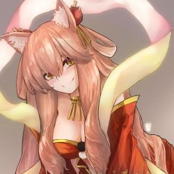 Rule 34 | 1girl, absurdres, animal ear fluff, animal ears, bare shoulders, blush, bra, breasts, cleavage, closed mouth, commission, detached sleeves, fate/extra, fate/extra ccc, fate/extra ccc fox tail, fate/grand order, fate (series), fox ears, fox girl, grey background, hair ornament, hair rings, highres, jewelry, large breasts, leaning forward, light brown hair, long hair, looking at viewer, neck ring, ootato, red bra, red skirt, sash, sidelocks, simple background, skirt, smile, solo, suzuka gozen (fate), suzuka gozen (third ascension) (fate), underwear, yellow eyes