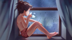 Rule 34 | 1boy, absurdres, bare arms, bare legs, bare shoulders, barefoot, blue eyes, boxers, breath, breathing, brown hair, child, chinese commentary, commentary request, fog, fogged glasses, highres, looking away, male focus, male underwear, original, rain, sitting in window, solo, underwear, window, xiaoyexiaoye