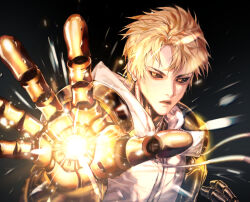 Rule 34 | 1boy, absurdres, black background, black sclera, blonde hair, colored sclera, commentary request, cyborg, earrings, genos, highres, jewelry, male focus, one-punch man, onigirimayora, open mouth, short hair, simple background, solo, yellow eyes