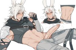 Rule 34 | 1boy, animal ears, armor, belt, belt buckle, blush, buckle, choker, clenched teeth, crop top, embarrassed, erection, final fantasy, final fantasy xiv, fingerless gloves, foreskin, frown, functionally nude, glaciereal, gloves, highres, inset, large penis, looking at viewer, looking to the side, lying, male focus, medium hair, midriff, navel, original, pauldrons, penis, penis out, phimosis, precum, rabbit ears, red eyes, shoulder armor, simple background, single pauldron, solo, sparkle, sweat, tareme, teeth, toned, toned male, uncensored, veins, veiny penis, viera, white background, white hair