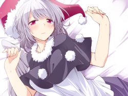 Rule 34 | 1girl, blush, breasts, capelet, closed mouth, cosplay, doremy sweet, doremy sweet (cosplay), dutch angle, feathered wings, fur trim, grey wings, hat, hemogurobin a1c, kishin sagume, looking at viewer, lying, medium breasts, nightcap, on back, pom pom (clothes), red eyes, shirt, short hair, silver hair, single wing, solo, sweat, touhou, upper body, white shirt, wings