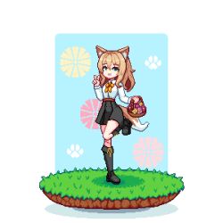 Rule 34 | 1girl, :d, animal ears, arknights, basket, black footwear, black skirt, boots, bow, bowtie, brown hair, collared shirt, dog ears, dog girl, dog tail, flower, grass, green eyes, hair between eyes, holding, holding basket, leg up, long hair, long sleeves, open mouth, paw print, pink flower, pixel art, podenco (arknights), shadow, shirt, simple background, skirt, smile, solo, standing, standing on one leg, tail, thejunebug, v, white background, white shirt, yellow bow, yellow bowtie, yellow flower