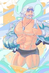 Rule 34 | 1boy, abs, absurdres, bara, chest hair, cid nan garlond, facial hair, final fantasy, final fantasy xiv, goggles, goggles on head, highres, jacket, looking at viewer, male focus, mature male, muscular, muscular male, open clothes, open jacket, quietscrappy, solo, summer, whistle, whistle around neck, white hair