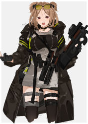 Rule 34 | 1girl, artist name, black choker, black gloves, black jacket, black thighhighs, breasts, buckle, bullpup, choker, collarbone, commission, double bun, eyewear on head, feet out of frame, gas mask, girls&#039; frontline, gloves, gun, hair bun, highres, holding, holding weapon, horizontal magazine, jacket, light brown hair, looking at viewer, mask, medium breasts, medium hair, open clothes, open jacket, open mouth, p90, p90 (girls&#039; frontline), partially fingerless gloves, personal defense weapon, pixiv commission, red eyes, see-through, snap-fit buckle, solo, standing, submachine gun, sutekina awa, thighhighs, translucent, weapon, white background