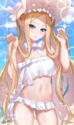Rule 34 | 1girl, abigail williams (fate), abigail williams (swimsuit foreigner) (fate), abigail williams (swimsuit foreigner) (third ascension) (fate), absurdres, bare shoulders, beach, bikini, blonde hair, blue eyes, blue sky, bonnet, bow, breasts, fate/grand order, fate (series), forehead, hair bow, highres, holding, holding hair, long hair, miniskirt, navel, nez-box, open mouth, parted bangs, revision, sidelocks, skirt, sky, small breasts, solo, sparkle, swimsuit, twintails, very long hair, white bikini, white bow, white headwear