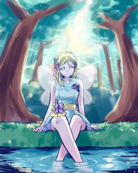 Rule 34 | 1girl, alternate hairstyle, aqua dress, aqua skirt, artist name, artist request, bare shoulders, blonde hair, blush, bracelet, braid, breasts, brown eyes, butterfly hair ornament, butterfly wings, chichan54 (clubhappy), crown braid, dress, female focus, flower, flower ring, hair flower, hair ornament, hair rings, highres, insect wings, jewelry, looking at viewer, love live!, love live! school idol festival, love live! sunshine!!, medium breasts, ohara mari, outdoors, parted lips, pink flower, ribbon, short hair, skirt, smile, solo, spring (season), white skirt, wings, yellow eyes, yellow ribbon