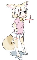 Rule 34 | 10s, 1girl, ^^^, animal ears, arm at side, blonde hair, blue background, blush, brown eyes, brown hair, closed mouth, cowboy shot, extra ears, eyebrows, eyelashes, fennec (kemono friends), fox ears, fox tail, gloves, gradient hair, hair between eyes, hand up, jitome, kemono friends, looking at viewer, multicolored background, multicolored clothes, multicolored gloves, multicolored hair, neck ribbon, outline, pink sweater, pleated skirt, pointing, pointing at self, puffy short sleeves, puffy sleeves, ribbon, sanpaku, short-sleeved sweater, short hair, short sleeves, simple background, skirt, smile, solo, standing, sweater, tail, thighhighs, two-tone background, upper body, white background, white gloves, white hair, white outline, white skirt, yellow gloves, yellow ribbon, yellow thighhighs