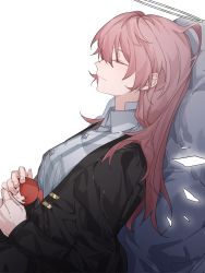 Rule 34 | 1girl, arknights, black jacket, closed eyes, exusiai (arknights), from side, grey shirt, halo, highres, holding, jacket, lemuen (arknights), long hair, long sleeves, molu stranger, open clothes, open jacket, pink hair, profile, shirt, simple background, smile, solo, upper body, white background