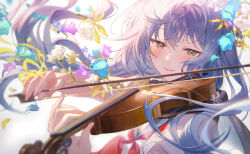 Rule 34 | 1girl, blue flower, blush, bow (music), commentary request, flower, grey hair, haru (hiyori-kohal), highres, holding, holding instrument, holding violin, instrument, long hair, looking at viewer, music, neckerchief, original, parted lips, playing instrument, purple flower, red neckerchief, sailor collar, school uniform, serafuku, solo, upper body, violin, white flower, yellow eyes