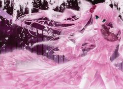 Rule 34 | 1girl, aqua eyes, cherry blossoms, dress, fence, flower, frills, hair flower, hair ornament, hand fan, nail polish, original, panties, pink dress, pink hair, pink nails, pink theme, purple background, ribbon, rose, see-through, solo, source request, thighhighs, tinker bell (pixiv 10956015), tree, twintails, underwear