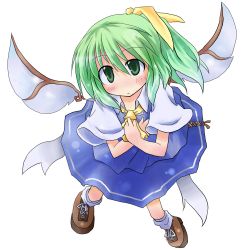 Rule 34 | 1girl, blush, daiyousei, fairy wings, female focus, full body, green eyes, green hair, hair ornament, hands on own chest, highres, matching hair/eyes, open mouth, shoes, short sleeves, side ponytail, simple background, skirt, skirt set, socks, solo, touhou, transparent background, white background, wings, yuuhi alpha