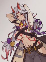 Rule 34 | 1girl, abs, absurdres, arataki itto, arms up, belt, bodypaint, breasts, earrings, facepaint, genderswap, genderswap (mtf), genshin impact, grey background, high collar, highres, hip vent, japanese clothes, jewelry, large breasts, long hair, looking at viewer, multicolored hair, muscular, muscular female, nipio, pants, parted lips, red eyes, red hair, simple background, solo, tassel, thick eyebrows, vision (genshin impact), white hair