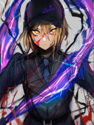 Rule 34 | 1girl, baseball cap, belt, black belt, black hat, black vest, blonde hair, blue necktie, blue shirt, chuhaibane, closed mouth, collared shirt, don quixote (project moon), electricity, energy, hat, highres, limbus company, long sleeves, looking at viewer, necktie, project moon, shirt, short hair, simple background, solo, upper body, vest, yellow eyes