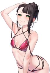 Rule 34 | 1girl, absurdres, arched back, armpits, bare shoulders, bikini, black hair, breasts, closed mouth, collarbone, floral print, green eyes, hair bun, hair pulled back, half-closed eyes, highres, kurosawa dia, leaning forward, looking at viewer, love live!, love live! sunshine!!, mole, mole under mouth, multi-strapped bikini, nasuno (nasuno42), navel, red bikini, sidelocks, simple background, small breasts, smile, solo, stomach, strap slip, swimsuit, wet, wet hair, white background
