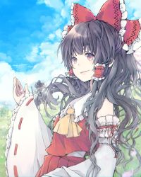 Rule 34 | 2girls, ascot, black hair, blonde hair, bow, cherry blossoms, cloud, cloudy sky, collared vest, day, detached sleeves, falling petals, frilled bow, frilled hair tubes, frilled sleeves, frills, grass, hair bow, hair tubes, hakurei reimu, hand up, hat, highres, japanese clothes, kazamineko, kirisame marisa, long hair, miko, multiple girls, outdoors, parted lips, petals, pleated skirt, red bow, red eyes, red ribbon, red skirt, red vest, ribbon, ribbon-trimmed sleeves, ribbon trim, skirt, sky, standing, touhou, vest, witch hat, yellow ascot