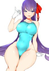 Rule 34 | 10s, 1girl, :p, aqua one-piece swimsuit, arm at side, arm support, bb (fate), bb (fate/extra), bebebe (pepegakii), breasts, competition swimsuit, covered navel, curvy, dutch angle, fate/extra, fate/extra ccc, fate (series), fellatio gesture, gloves, hair ribbon, highres, large breasts, legs together, long hair, looking at viewer, naughty face, one-piece swimsuit, pinky out, purple eyes, purple hair, ribbon, simple background, single sidelock, sitting, smile, solo, swimsuit, tongue, tongue out, very long hair, white background, white gloves, wide hips