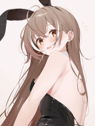 Rule 34 | 1girl, alternate costume, animal ears, armpit crease, bare shoulders, black hair, black leotard, blush, brown background, brown eyes, brown hair, commentary, cross-laced leotard, crossed bangs, deyui, fake animal ears, from below, hair between eyes, highres, hololive, hololive english, leotard, long hair, looking at viewer, multicolored hair, nanashi mumei, open mouth, playboy bunny, rabbit ears, simple background, solo, streaked hair, symbol-only commentary, upper body, virtual youtuber, white hair