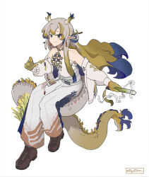 Rule 34 | 1girl, arknights, bare shoulders, beads, belt, blue eyes, blue hair, brown footwear, brown hair, closed mouth, commentary, dragon girl, dragon horns, dragon tail, earrings, elysiium, english commentary, grey hair, highres, holding, holding sword, holding weapon, horns, jacket, jewelry, long hair, long sleeves, looking at viewer, multicolored hair, necklace, off shoulder, open clothes, open jacket, pants, pointy ears, shoes, shu (arknights), simple background, smile, solo, split mouth, strapless, sword, tail, tube top, twitter username, weapon, white background, white belt, white jacket, white pants, white tube top