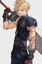 Rule 34 | 1boy, absurdres, armor, asymmetrical armor, bandages, bare shoulders, black gloves, blonde hair, blue eyes, cloud strife, commentary request, final fantasy, final fantasy vii, gloves, highres, holding, holding sword, holding weapon, looking at viewer, male focus, manly, muscular, short hair, shoulder plates, simple background, solo, spiked hair, square enix, sword, weapon, yoshio (55level)