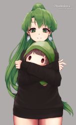 Rule 34 | 1girl, absurdres, akalari, black sweater, earrings, feather earrings, feathers, female focus, fire emblem, fire emblem: the blazing blade, green eyes, green hair, green hood, grey background, highres, holding, holding stuffed toy, jewelry, long hair, long sleeves, looking at viewer, lyn (fire emblem), mark (fire emblem: the blazing blade), matching hair/eyes, nintendo, ponytail, smile, solo, stuffed toy, sweater, twitter username, very long hair, watermark, web address