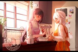 Rule 34 | 2girls, ^ ^, alternate costume, apron, carole peppers, closed eyes, closed mouth, commentary, commission, cooking, dark-skinned female, dark skin, day, earrings, english commentary, english text, frying pan, highres, homei (honkai impact), homu (honkai impact), honkai (series), honkai impact 3rd, jewelry, kitchen, long hair, long sleeves, mofumanju, multiple girls, raiden mei, refrigerator, short hair, spoon, standing, upper body, white hair, white sleeves, window, yellow eyes