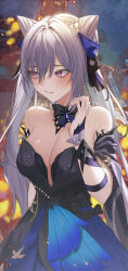 Rule 34 | 1girl, bare shoulders, blush, bow, bowtie, breasts, cleavage, double bun, dress, genshin impact, hair bun, highres, kangshi, keqing (genshin impact), keqing (opulent splendor) (genshin impact), looking to the side, medium breasts, purple eyes, purple hair, solo, twintails