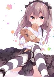 Rule 34 | 10s, 1girl, bandages, boko (girls und panzer), brown eyes, brown hair, chikuwa., covered mouth, girls und panzer, hairband, highres, long hair, long sleeves, looking at viewer, shimada arisu, side ponytail, solo, striped clothes, striped thighhighs, stuffed animal, stuffed toy, teddy bear, thighhighs