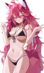 Rule 34 | 1girl, ahoge, animal ear fluff, animal ears, bikini, black bikini, breasts, cleavage, fox ears, fox tail, grey hair, hair ornament, hairclip, highres, long hair, medium breasts, messy hair, original, pink hair, rima (0136), simple background, solo, stomach, strap pull, swimsuit, tail, twintails, very long hair, wet, whistle, whistle around neck