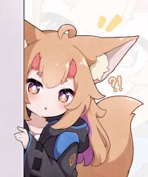 Rule 34 | 1girl, :o, ahoge, animal ear fluff, animal ears, arknights, black jacket, blush, brown eyes, brown hair, collarbone, commentary, doctor (arknights), english commentary, female doctor (arknights), fox ears, fox girl, fox tail, highres, hood, hood down, hooded jacket, horns, jacket, kurotofu, long sleeves, looking at viewer, mochi-chan (kurotofu), multicolored hair, notice lines, open clothes, open jacket, original, parted lips, peeking out, purple hair, ribbon-trimmed sleeves, ribbon trim, shirt, short eyebrows, sleeves past wrists, solo, tail, thick eyebrows, two-tone hair, white shirt, wide sleeves, zoom layer