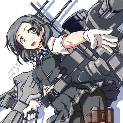 Rule 34 | 1girl, 547th sy, adapted turret, artist name, bike shorts, black hair, black shorts, blue ribbon, cannon, commentary request, dated, foreshortening, gloves, green eyes, hair ornament, hairclip, highres, kantai collection, kuroshio (kancolle), machinery, neck ribbon, pleated skirt, ribbon, school uniform, shirt, short hair, short sleeves, shorts, shorts under skirt, simple background, skirt, solo, turret, white background, white gloves, white shirt