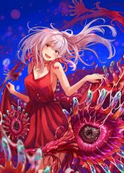 Rule 34 | 159cm, 1girl, :d, breasts, cleavage, dress, floating hair, head tilt, highres, long hair, looking at viewer, medium breasts, open mouth, original, pink hair, red dress, red eyes, skirt hold, smile, solo, tagme, underwater