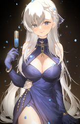 Rule 34 | 1girl, alcohol, azur lane, bad id, bad pixiv id, belfast (azur lane), belfast (the noble attendant) (azur lane), blue petals, braid, breasts, chain, champagne, champagne flute, choker, cleavage, commentary request, criss-cross halter, cup, dress, drinking glass, elbow gloves, french braid, gloves, hair between eyes, hair ribbon, halterneck, highres, holding, holding cup, large breasts, long hair, looking at viewer, purple dress, purple eyes, purple gloves, ran s200, ribbon, side slit, silver hair, smile, solo