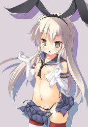 Rule 34 | 10s, 1girl, :o, black panties, blonde hair, blush, breasts, brown eyes, elbow gloves, gloves, kantai collection, long hair, navel, nipples, open mouth, panties, personification, pussy, pussy peek, safi, shimakaze (kancolle), skirt, small breasts, solo, striped clothes, striped thighhighs, thighhighs, torn clothes, underwear, white gloves