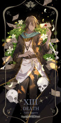 Rule 34 | 1boy, azik eggers, bone, brown hair, brown pants, brown robe, card, closed eyes, closed mouth, dark-skinned male, dark skin, death (tarot), f.l.c., falling feathers, feathers, flower, green scarf, highres, lord of the mysteries, male focus, numbered, pants, plant, robe, roman numeral, scarf, signature, skull, sleeping, solo, stamp mark, star (symbol), tarot, tarot (medium), vanilla