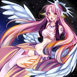 Rule 34 | 1girl, angel wings, artist request, asymmetrical legwear, blush, breasts, bridal gauntlets, commentary, spiked halo, crop top, drooling, feathered wings, gloves, gradient hair, halo, jibril (no game no life), long hair, low wings, lowres, magic circle, medium breasts, midriff, mismatched legwear, multicolored eyes, multicolored hair, navel, no game no life, open mouth, orange eyes, pink hair, solo, stomach, tattoo, very long hair, white wings, wing ears, wings, yellow eyes