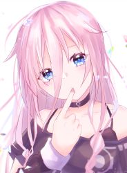 Rule 34 | 1girl, absurdres, bad id, bad pixiv id, bare shoulders, black shirt, blue eyes, braid, choker, commentary, finger to mouth, furrowed brow, hair between eyes, highres, ia (vocaloid), long hair, looking at viewer, nail polish, off-shoulder shirt, off shoulder, pink hair, pink nails, shirt, solo, symbol-only commentary, tsukizuumi, upper body, vocaloid, white background