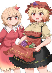 Rule 34 | 2girls, :d, aki minoriko, aki shizuha, apron, blonde hair, breasts, chups, closed mouth, dress, eating, food, fruit, grapes, hat, highres, large breasts, mob cap, multiple girls, open mouth, pear, red apron, red dress, red eyes, red headwear, short hair, short sleeves, siblings, simple background, sisters, smile, tomato, touhou, white background, yellow dress