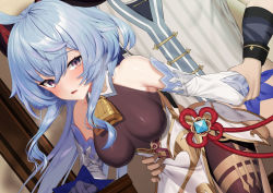 Rule 34 | 1boy, 1girl, bare shoulders, bell, black gloves, blue hair, blush, breasts, clothed sex, detached sleeves, ganyu (genshin impact), genshin impact, gloves, gold trim, haiba 09, hand grab, horns, indoors, large breasts, long hair, neck bell, open mouth, purple eyes, sex, torso grab, vision (genshin impact)