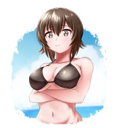 Rule 34 | 1girl, bikini, black bikini, blue sky, breasts, brown eyes, brown hair, busan no hamaguchi, cleavage, closed mouth, cloud, cloudy sky, commentary, crossed arms, day, girls und panzer, halterneck, horizon, looking at viewer, medium breasts, navel, nishizumi maho, ocean, outdoors, short hair, sky, smile, solo, sweatdrop, swimsuit, upper body