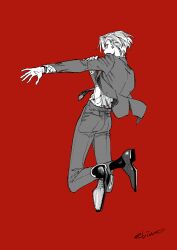 Rule 34 | 1boy, adjusting clothes, black socks, chris redgrave, ear piercing, formal, from behind, full body, greyscale, hand on own arm, high card, jacket, jumping, looking at viewer, male focus, mojisan (ebimo), monochrome, necktie, pants, parted bangs, piercing, red background, shirt, shoes, short hair, signature, simple background, socks, solo, suit, white shirt