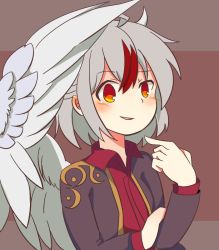 Rule 34 | 1girl, :d, ahoge, alternate color, alternate hairstyle, bad id, bad twitter id, blush, buna shimeji (keymush), cocked eyebrow, dark persona, jacket, kishin sagume, looking at viewer, multicolored hair, open mouth, pointing, pointing at self, red eyes, single wing, smile, smirk, smug, solo, streaked hair, touhou, wings