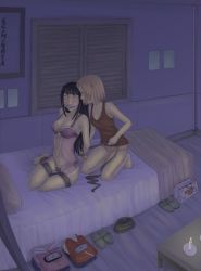 Rule 34 | 2girls, arched back, bad perspective, bdsm, binding, bondage, bound, breasts, candle, cleavage, clothes, clothes on floor, ecchinata, ecchinata (artist), femdom, flat chest, gag, gagged, green eyes, haruno sakura, highres, hyuuga hinata, indoors, large breasts, lingerie, multiple girls, naruto, naruto (series), negligee, panties, pink hair, see-through, side-tie panties, slippers, underwear, white eyes, yuri