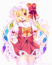 Rule 34 | 1girl, blonde hair, bow, bowtie, breasts, chisiro unya (unya draw), collared shirt, cowboy shot, crystal, fang, flandre scarlet, frilled bow, frilled bowtie, frilled shirt collar, frilled skirt, frilled sleeves, frills, hair between eyes, happy, hat, hat bow, head tilt, heart, large bow, long hair, looking at viewer, multicolored wings, one side up, open mouth, puffy short sleeves, puffy sleeves, red bow, red eyes, red skirt, red vest, shirt, short sleeves, simple background, skirt, skirt hold, skirt set, sleeve bow, sleeve ribbon, small breasts, solo, thighhighs, touhou, vest, white background, white hat, white shirt, white thighhighs, wings, yellow bow, yellow bowtie, zettai ryouiki