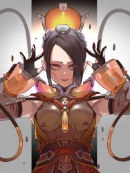 Rule 34 | 1girl, absurdres, animification, apex legends, armpits, black gloves, black hair, bodysuit, breasts, cable, catalyst (apex legends), gloves, grey background, grey bodysuit, hair behind ear, highres, long bangs, looking at viewer, medium breasts, official alternate costume, orange eyes, orange lips, partially fingerless gloves, short hair, sleeveless, sleeveless bodysuit, smile, solo, straight-on, suns up catalyst, swept bangs, yoruniyoruyoshi