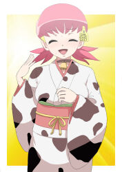Rule 34 | 1girl, animal print, backlighting, bell, black choker, choker, closed eyes, commentary request, cow print, cowbell, cowboy shot, creatures (company), ear tag, facing viewer, fanning self, game freak, highres, japanese clothes, kimono, long sleeves, low twintails, makoto daikichi, medium hair, neck bell, nintendo, obi, partial commentary, pink hair, pokemon, pokemon gsc, print kimono, sash, solo, sunlight, sweat, twintails, white kimono, whitney (pokemon), wide sleeves