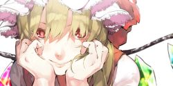 Rule 34 | 1girl, blonde hair, blush, crystal, flandre scarlet, hands on own face, haruba negi, hat, hat ribbon, looking at viewer, md5 mismatch, mob cap, portrait, red eyes, resized, resolution mismatch, ribbon, side ponytail, simple background, smile, solo, source larger, touhou, white background, wings