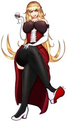 Rule 34 | 1girl, absurdres, bad anatomy, blonde hair, breasts, cherri teri, cup, dress, drinking glass, fang, gloves, high heels, highres, holding, kiss-shot acerola-orion heart-under-blade, large breasts, licking lips, long hair, looking at viewer, monogatari (series), oshino shinobu, pointy ears, red dress, red soles, solo, strapless, strapless dress, thighhighs, tongue, tongue out, vampire, wine glass, yellow eyes
